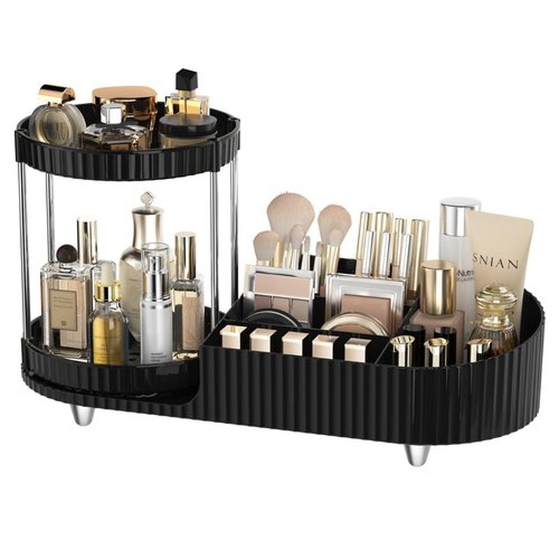 Lulltou Makeup Organizer Countertop with Partition Slot for Vanity, Plastic Vanity Organizers and Storage, 2-in-1 Large Desk Makeup and Skincare Organizers with Perfume Tray for Cosmetics Bathroom
