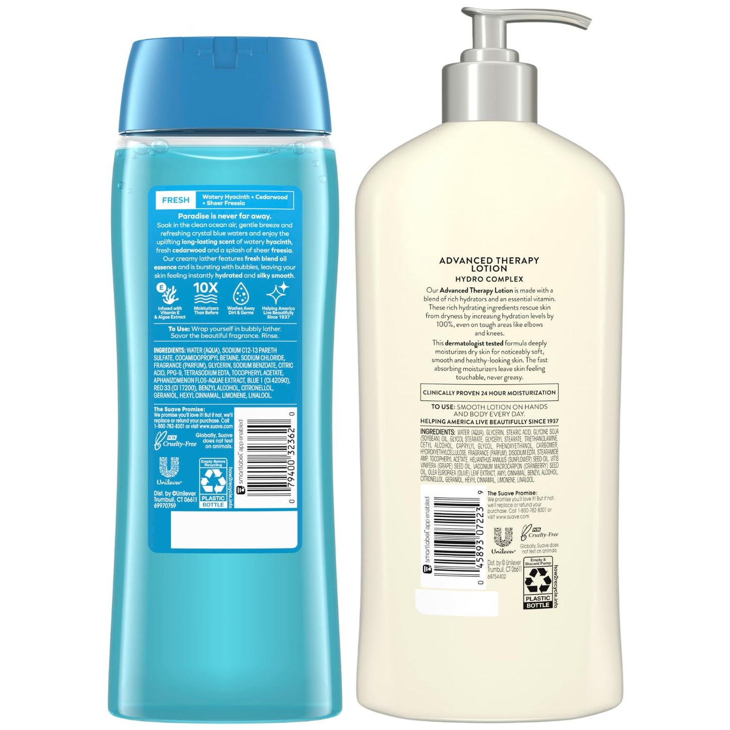 Suave Body Wash 2-Pack & Lotion Bundle – Ocean Breeze Gentle Body Wash with Vitamin E + Hydro Complex Advanced Therapy Lotion, 18 Oz Ea