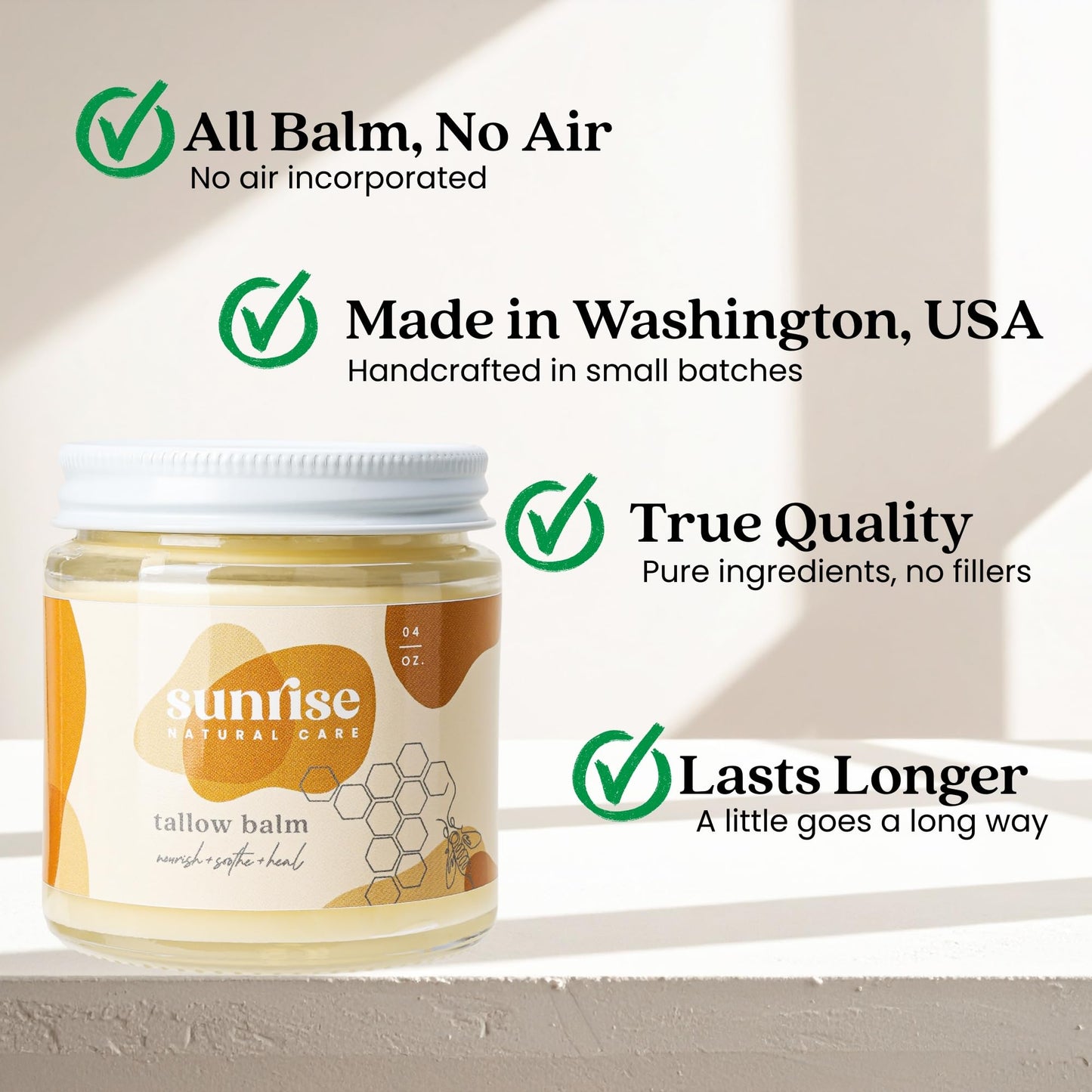 Sunrise Natural Care Unwhipped Honey and Tallow Balm - Body and Face Moisturizer - 100% Grass Fed Beef Tallow - 4 ounces - Lavender + Vanilla