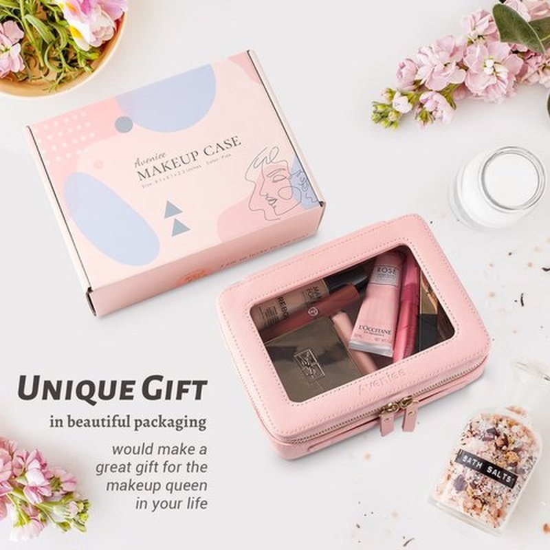 Aveniee Clear Makeup Bag Organizer, Portable Travel Toiletry Cosmetic Bag Case for Women, Heavy Duty Make Up Pouch with Transparent Vinyl Windows & Gold Zippers(Pink)