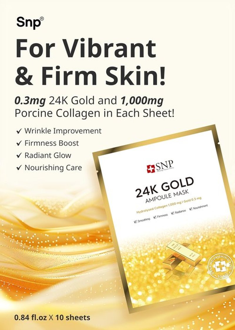 [K Beauty Snp] 24K Gold Ampoule Sheet Mask | Aging Prevention Face Mask | For Tightening, Hydrating, and Nourishing | Korean Skin Care | Overnight Face Masks | Moisturizing Sheet Mask | 10 Sheets