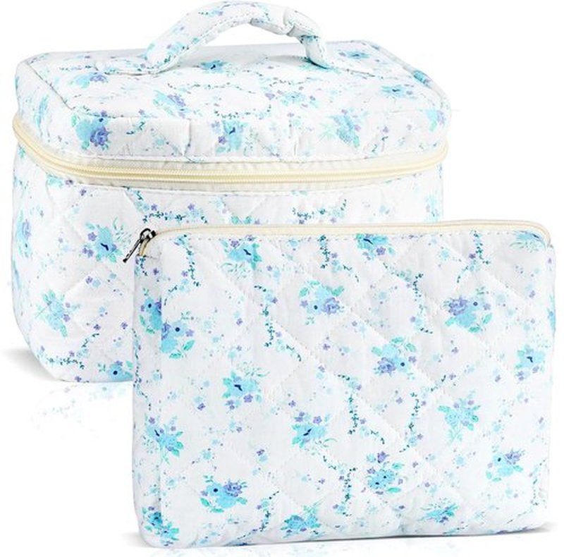 URSKYTOUS 2Pcs Cotton Quilted Makeup Bag for Women Girls Large Small Travel Blue Floral Cosmetic Bags Set Cute Coquette Makeup Pouch for Purse Aesthetic Cloth Flower Storage Toiletry Bag Organizer