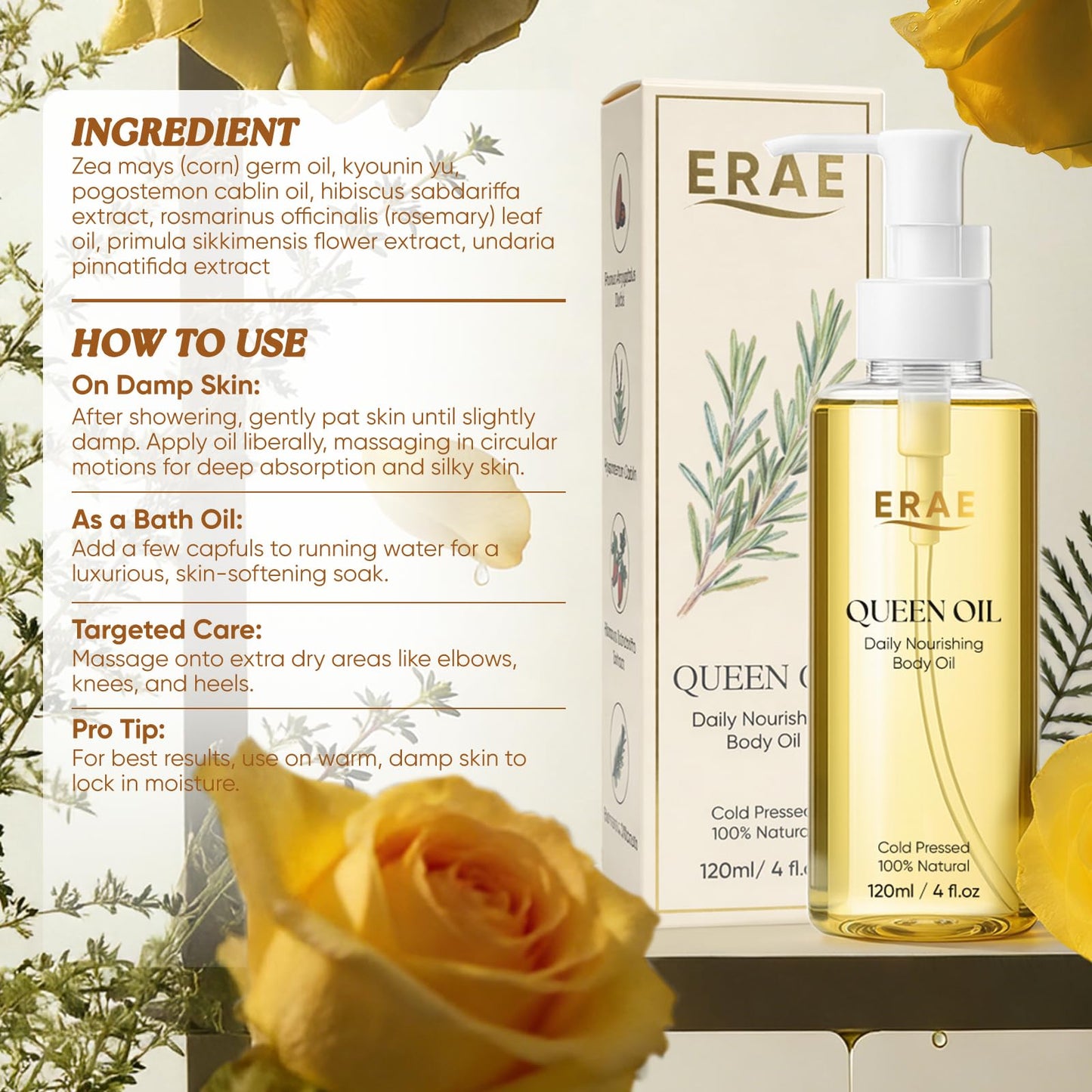 BODUNMSCA ERAE Queen Oil, Cold-Pressed Botanical Body Oil, Lightweight Hydrating & Moisturizing Oil for Dry Skin, Arms, Belly & Thighs – Daily Skin Care, 2 Pack (120 ml / 4 fl oz Each) (2)