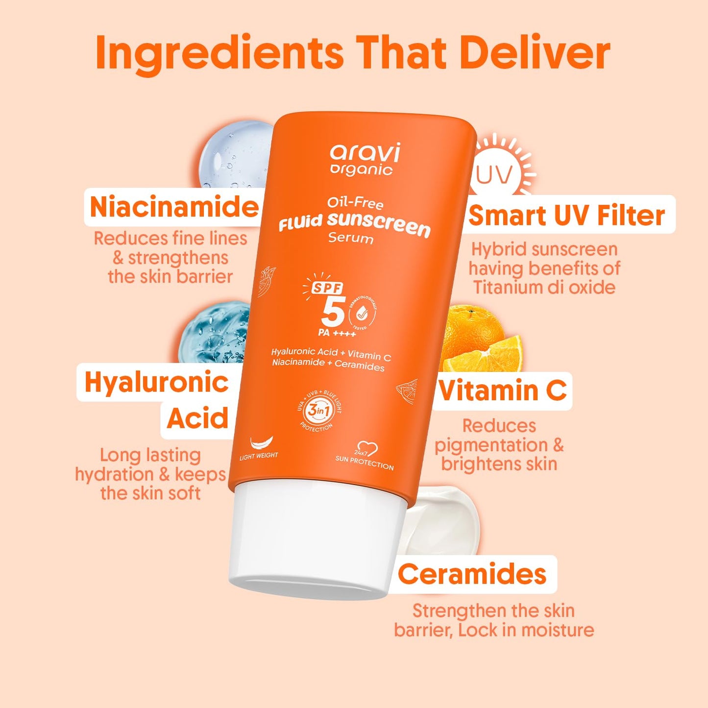 Aravi Organic Oil-Free Fluid Sunscreen SPF 50 PA++++, Face Sunscreen, Ultra-Light No White Cast, Mineral Sunblock, Reef Safe & Oxybenzone Free, Hyaluronic Acid & Vitamin C | 1.6 FL Oz
