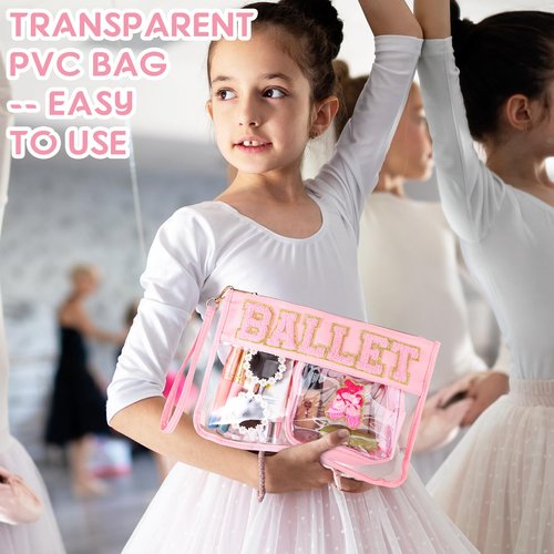 Hillban 2 Pcs Ballet Gifts Chenille Letter Bags Preppy Patch Makeup Bag Flat Clear Pouch PVC Organizer Purse Waterproof Travel Cosmetic Bag Portable Bag for Women (Ballet Theme)