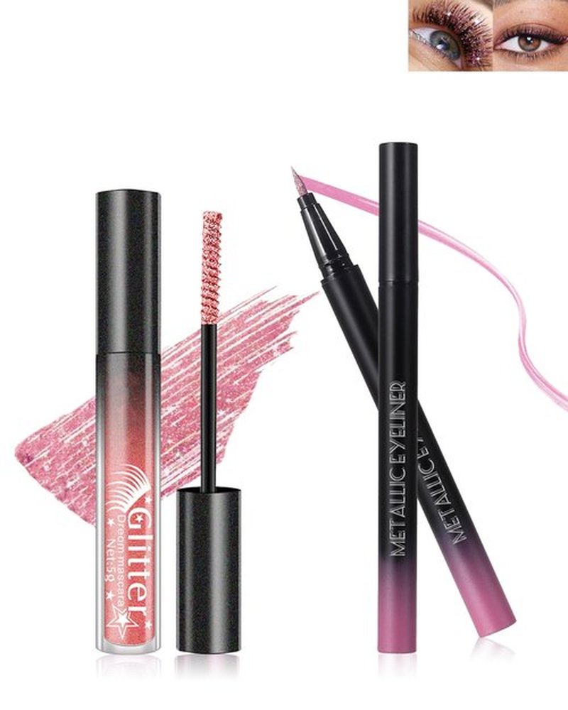 Glitter Mascara and Eyeliner Set, Diamond Sparkle Effect, Lengthening Volumizing Shimmer Colored Mascara for Eyelash, Waterproof Metallic Glitter Eyeliner Liquid, Women Cosplay Party Eye Makeup-Pink