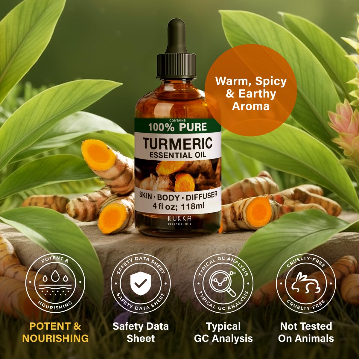 100% Pure Turmeric Oil - 4 Fl Oz Turmeric Essential Oil for Hair, Skin, Diffuser, Aromatherapy & DIY Soap Making Scent