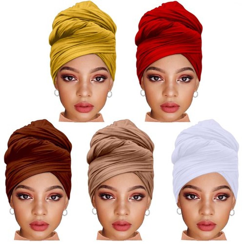 ZRQ 5 Pieces Solid Color Multicolor Combination Stretch Turban Extra Long Scarf Jersey Hijab Fashion Head Scarf Soft Head Wraps for Black Women (White,Camel,Coffee,Bright Burgundy,Turmeric)