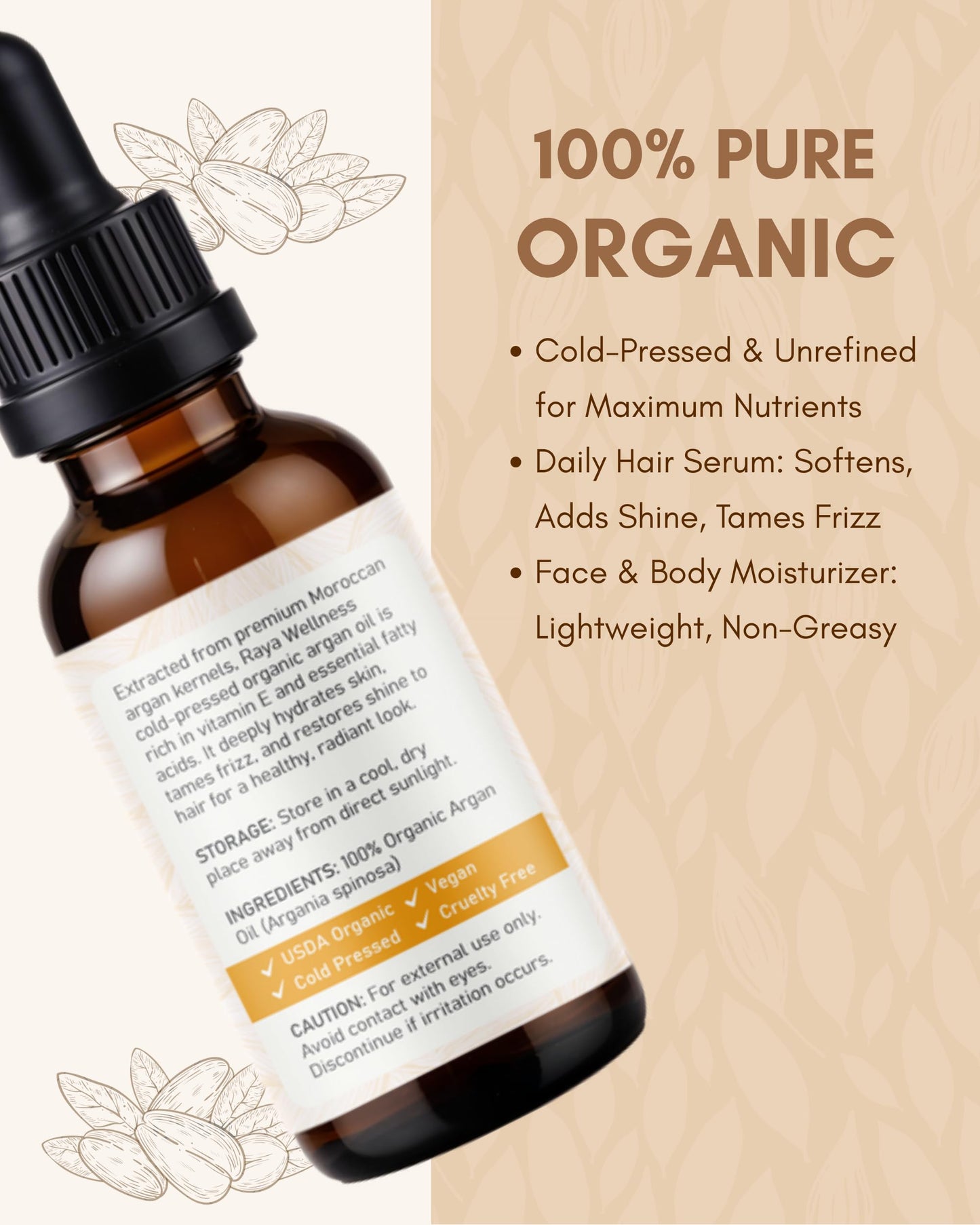 RAYA WELLNESS Organic Argan Oil – 2 fl oz (60 ml) | Cold-Pressed Carrier Oil for Hair & Skin | USDA Organic, Made in USA