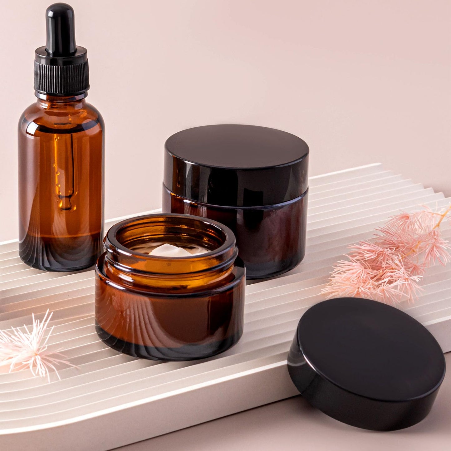 TUZAZO Thick Amber 1 oz Glass Jars with Lids & Inner Liners, 4 Pack Small Amber Glass Jar Travel Containers for Cosmetics, Cream, Lotion | Essential oil Beauty Products | Candle Making Jar