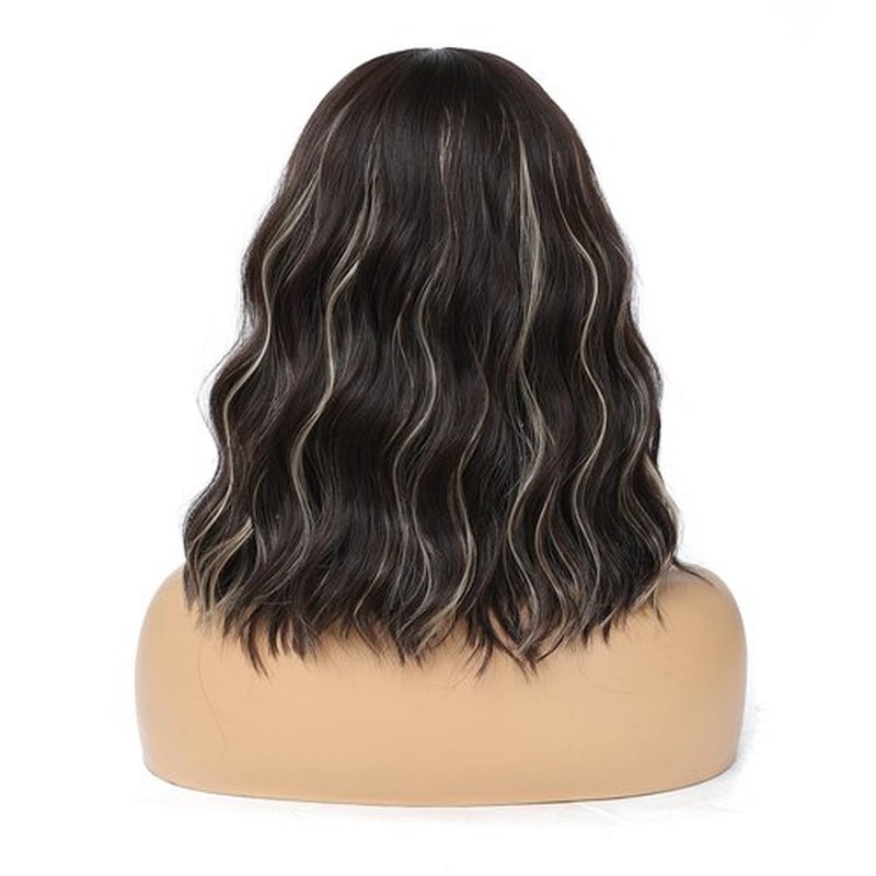 Amarlis Blonde Highlight Wigs for Women, 14 Inch Brown Mix Blonde Wavy Bob Wig with Bangs, Natural Looking Soft Heat Resistant Synthetic Wig for Daily Party Use