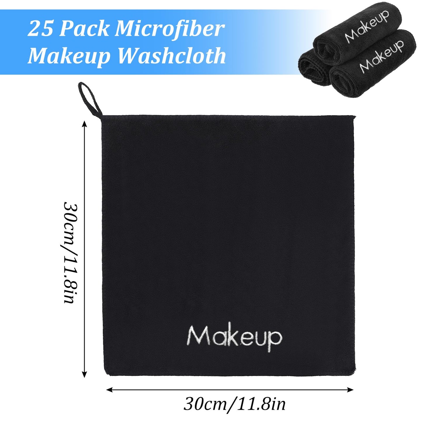 25 Pack Black Makeup Towels, 11.8 x 11.8 Inch Microfiber Face Washcloths, Reusable Makeup Remover Cloths for Facial Cleansing and Skin Care