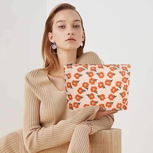 Wudimeitt Cosmetic bag Makeup bag Preppy Cute Corduroy Toiletry bag for women travel essentials (Flower orange)