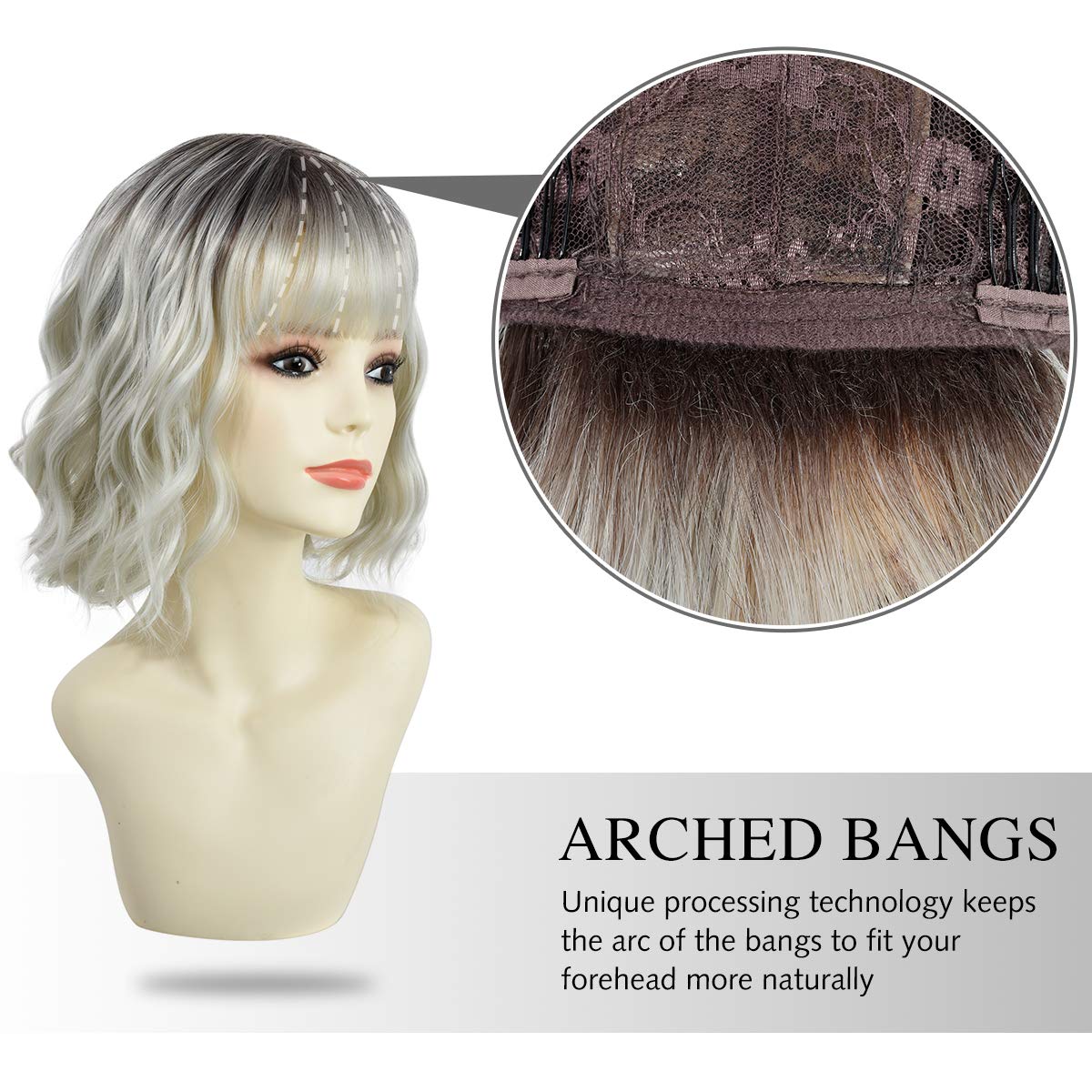 Rose bud Wavy Bob Wig with Bangs Natural Ombre Silver Wig Synthetic Hair Shoulder Length Short Hair Curly Wigs for Women