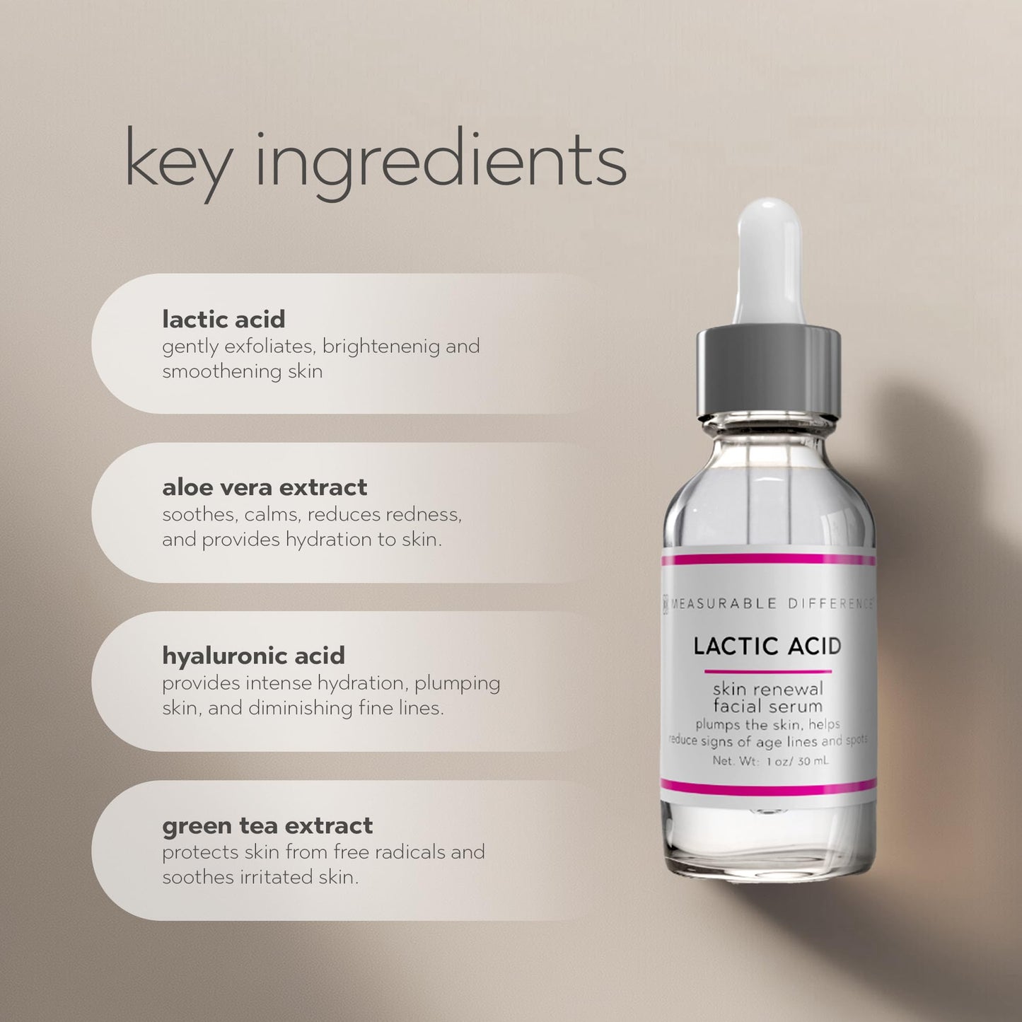 Measurable Difference Lactic Acid Face Serum, 1 oz - Exfoliate, Strengthen, and Hydrate Skin for Daily Protective Barrier