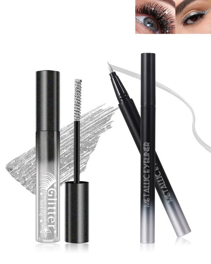 Glitter Mascara and Eyeliner Set, Diamond Sparkle Effect, Lengthening Volumizing Shimmer Colored Mascara for Eyelash, Waterproof Metallic Glitter Eyeliner Liquid, Women Cosplay Party Eye Makeup-Silver