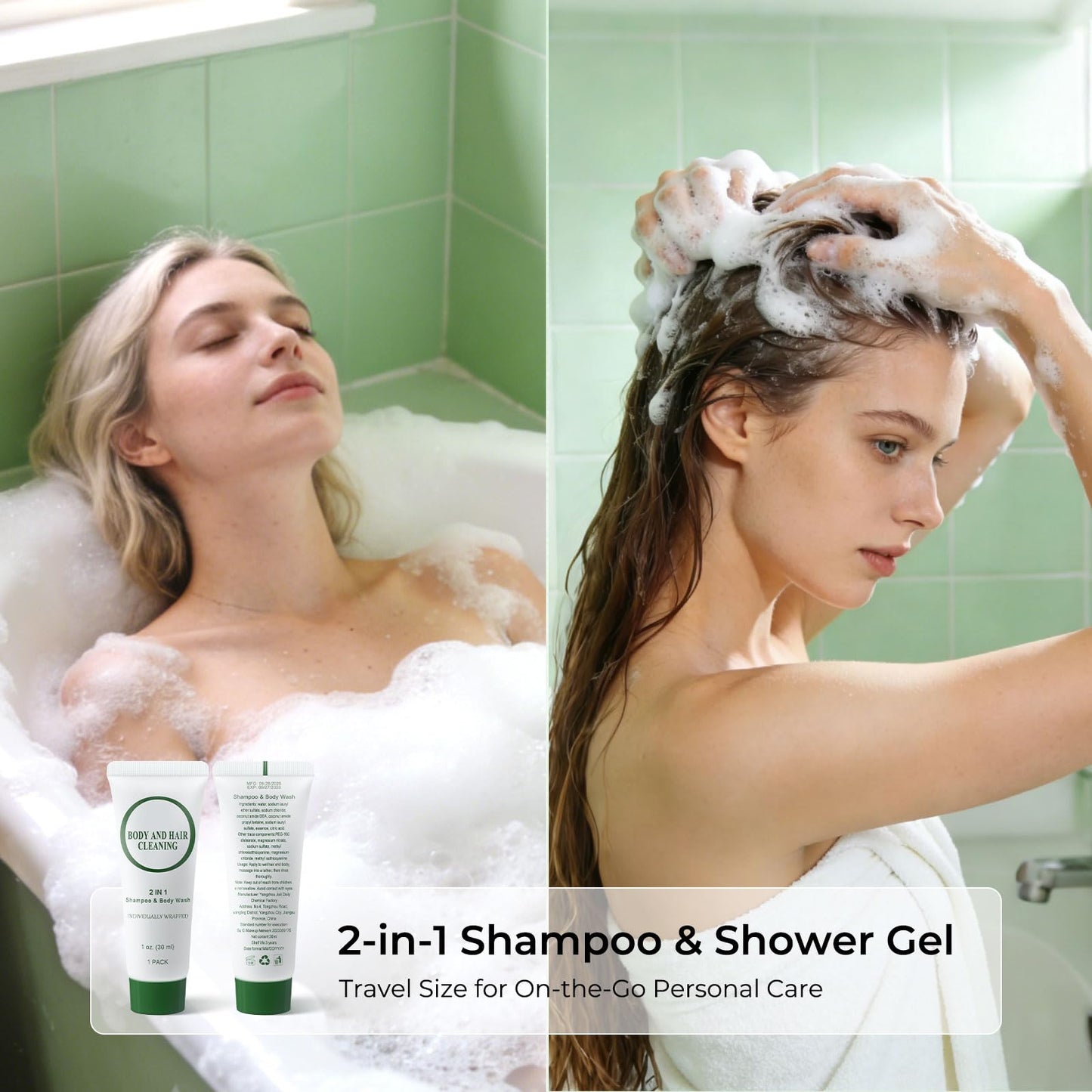 Travel Size 2-in-1 Shampoo and Body Wash Bulk, Individually Wrapped Trial Mini Shampoo and Shower Gel, Small Men Women Cleansing Toiletries Amenities for Hotel/ Vacation/ Homeless 1 oz (Pack of 10)