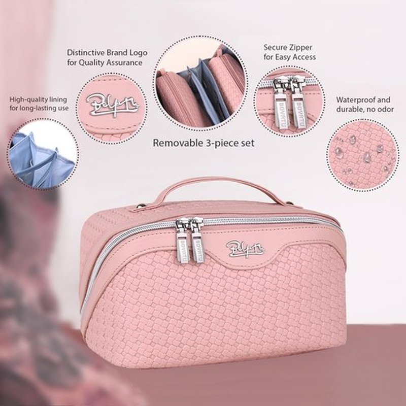 Travel Makeup Bags Cosmetic Organizer Bag: Large Capacity Make up Bag Set of 3 - Vegan Leather Woven Toiletry Bag for Women - Portable Makeup Organizer with Compartments & Handle & Divider Pink