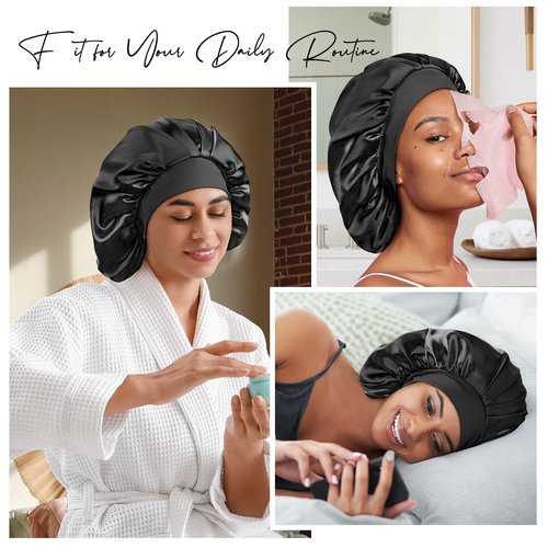 Umisleep 22 Momme 100% Real Mulberry Silk Bonnet for Sleeping Women, Large Hair Care Bonnet for Long Curly Hair, Double Layer Silk Hair Wrap with Soft Elastic Band, Non-Slip Sleep Cap, Black+Purple