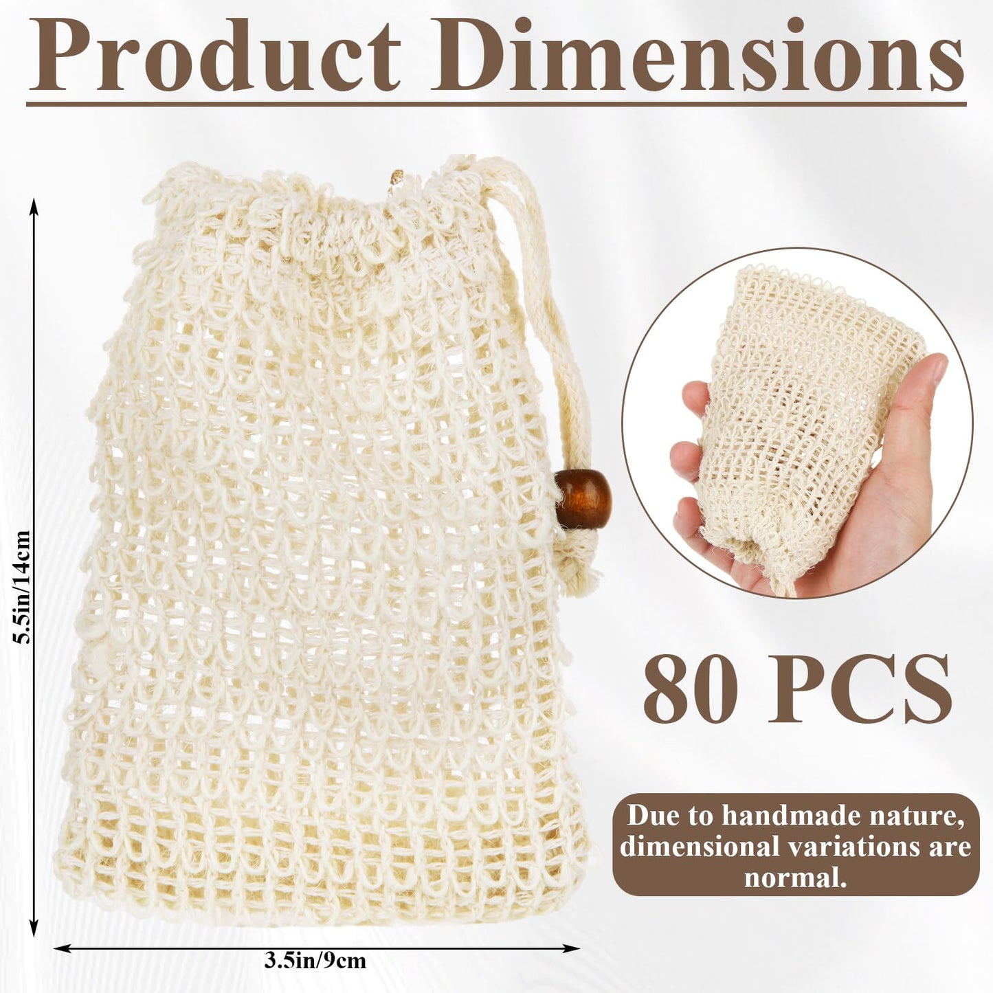 STARVAST 80PCS Soap Bag, Soap Saver Bag, Soap Net for Bar Soap with Drawstring Bar Wooden Bead Foaming and Drying Exfoliating Net for Bath and Shower (3.5x5.5 Inch), Cotton and Linen