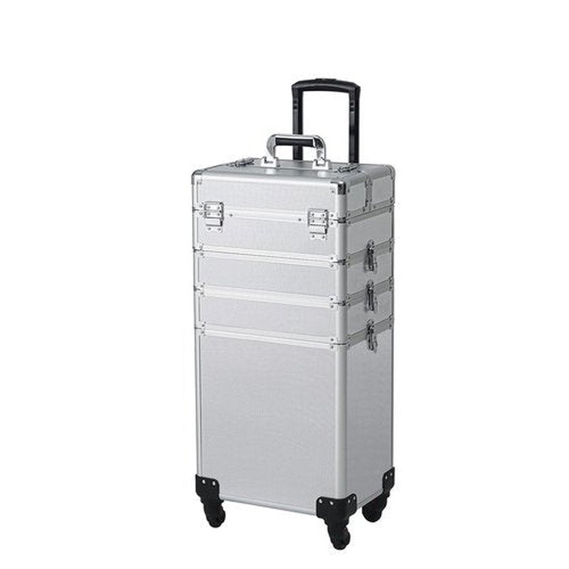 4 in 1 Rolling Makeup Train Case, Professional Aluminum Makeup Travel Organizer Cosmetic Case, Cosmetology Caboodle Case on 360° Wheels, Beauty Storage Luggage Lockable(Silver)