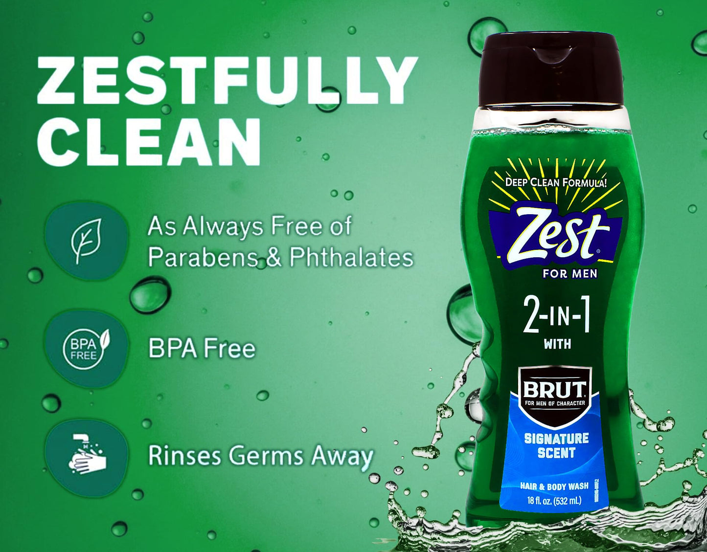 Zest 2-in-1 Hair & Body Wash for Men with BRUT Signature Scent, Deep Clean Formula, 18 fl oz (Pack of 6)