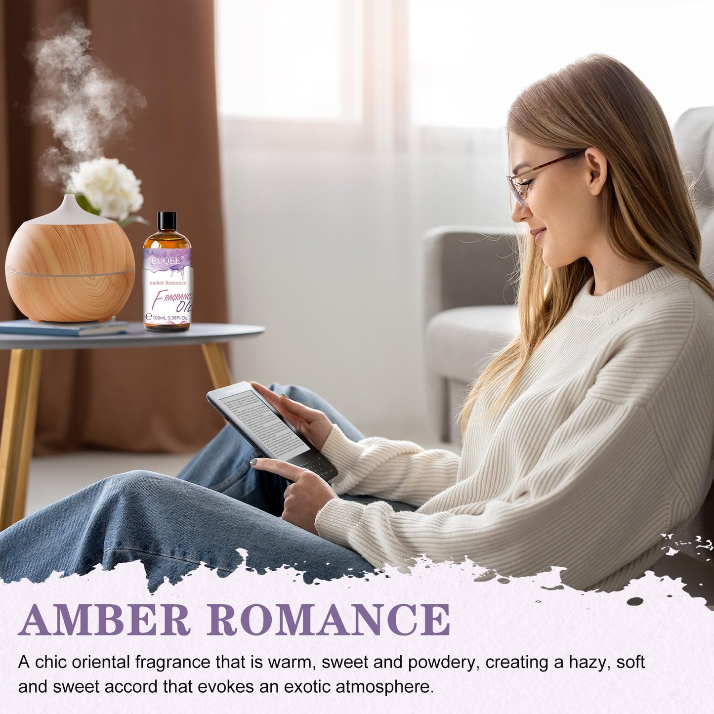 EUQEE Amber Romance Fragrance Oil, 100ml/3.38 Fl Oz Essential Oil for Home, Long Lasting Aromatherapy Oil for Diffuser, Candle Making, Soap Making, Laundry, Home Fragrance Gift