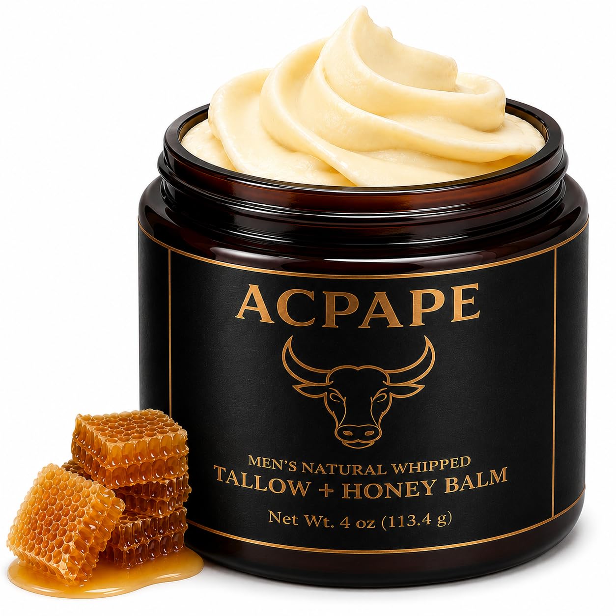 Acpape Beef Tallow for Skin — Men's Natural Whipped Tallow and Honey Balm | Grass-Fed Beef Tallow Face & Body Moisturizer for Men | Tallow Balm with Jojoba Oil, Olive Oil, Beeswax & Raw Honey | 4 oz
