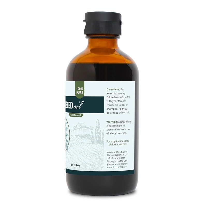 Zatural 100% Pure Neem Seed Oil - Cold Pressed Natural Oil for Skin & Hair | 8 Fl Oz Glass Bottle