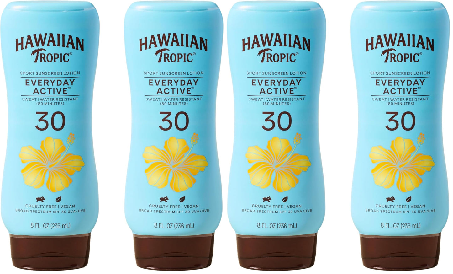 Hawaiian Tropic Everyday Active Lotion Sunscreen SPF 30,8Fl Oz,Hawaiian Tropic Sunscreen SPF 30,Sunblock,Oxybenzone Free-Sunscreen,Broad Spectrum-Sunscreen Pack,8Fl Oz each,(Pack of 4)