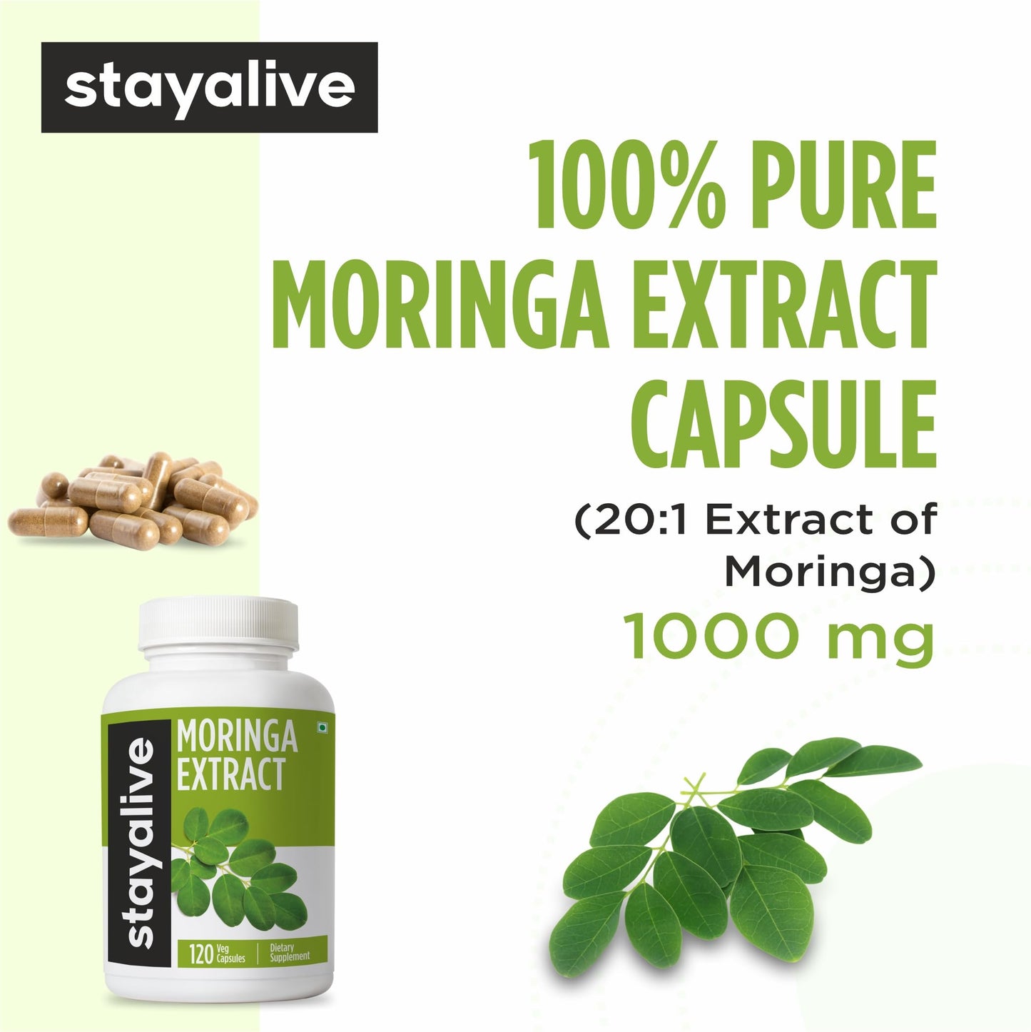 STAY ALIVE Moringa Capsules 1000mg, 20:1 Extract, 120 Pills, Green Superfood with Extra Strength, 100% Pure Oleifera Leaf Powder, 2 Months Supply, All Natural, Non-GMO & Gluten Free Moringa Supplement