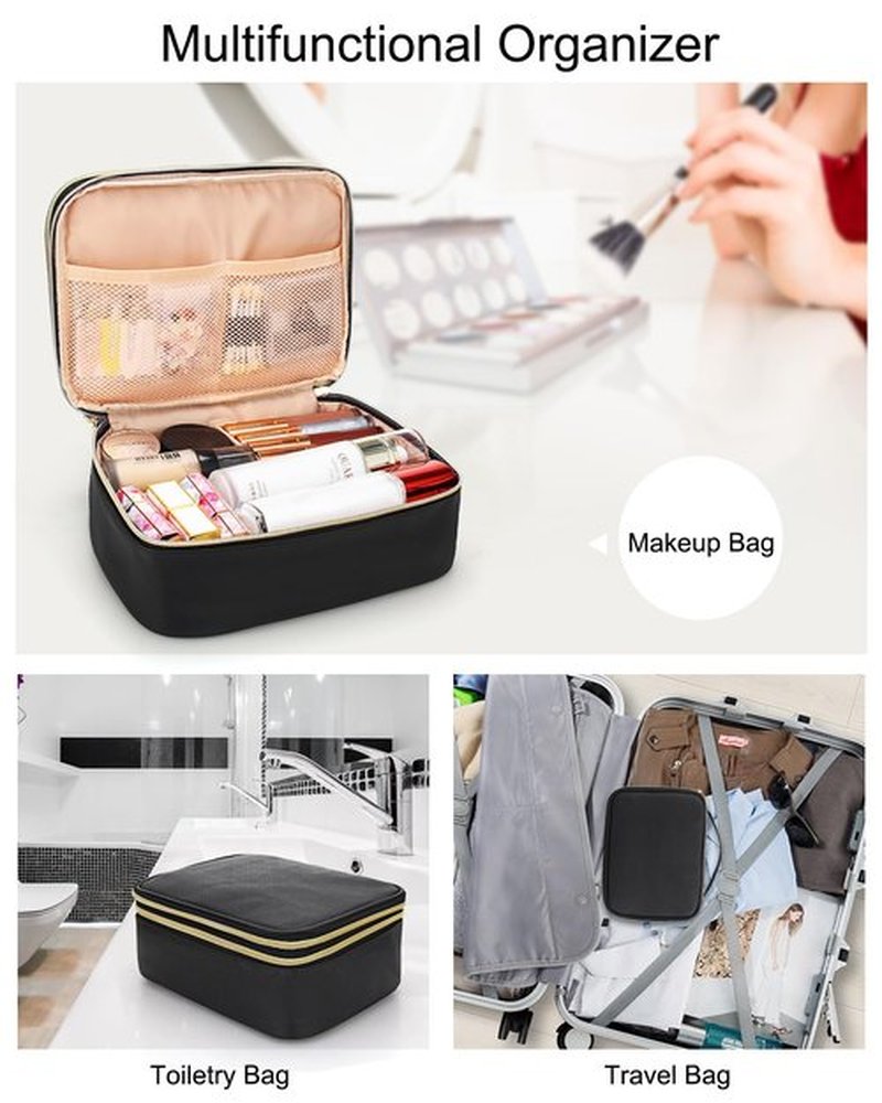 Black Makeup Bag, Travel Makeup Bag Cosmetic Bag, Makeup Brush Holder Organizer with Dividers, Travel Makeup Case for Women, Large Toiletry Bag Cosmetic Case, Black