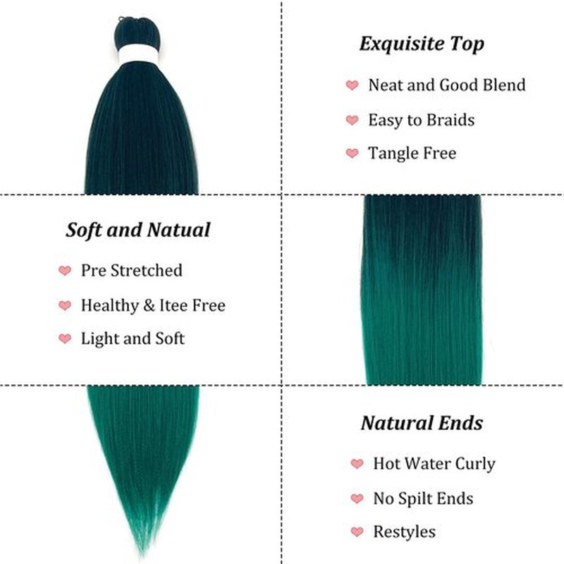 UPruyo 1b Green Pre Stretched Braiding Hair Green Ombre Braiding Hair Pre Stretched Synthetic Hair Extensions for Braiding Box Braids Yaki Knotless Hypoallergenic Prestretched Braiding Hair 26 inch