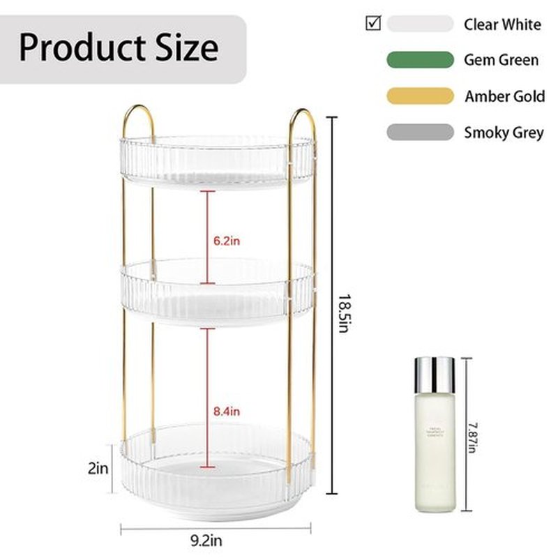 YCIA&DONE 360 Rotating Makeup Organizer and Storage for Vanity Countertop 3 Tiers, High Capacity Cosmetic Skincare Perfume Organizer for Dresser Bathroom Lazy Susan Organizer(Clear White)