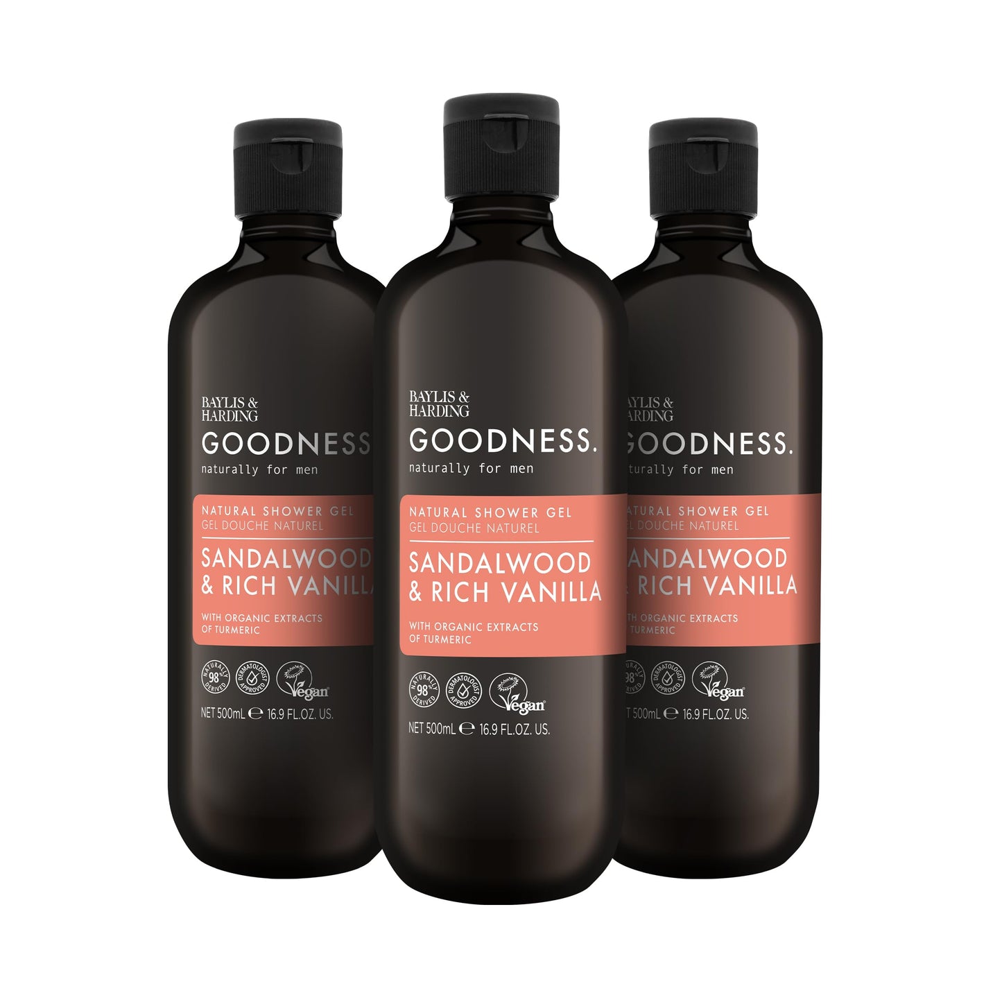 Baylis & Harding Goodness Men's Sandalwood & Vanilla Natural Body Wash, 16.9 fl. oz (Pack of 3) - Biodegradable Formula - Vegan Friendly
