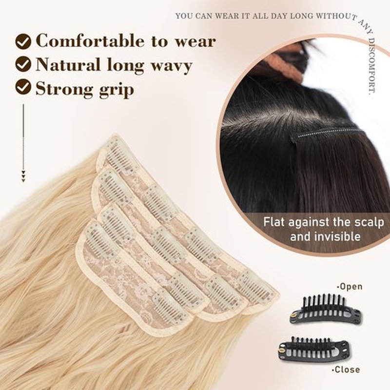 QGZ Clip in Hair Extensions for Women 4 PCS Set of Thick, Synthetic Long Wavy Hair Extension 20 Inch Light Blonde