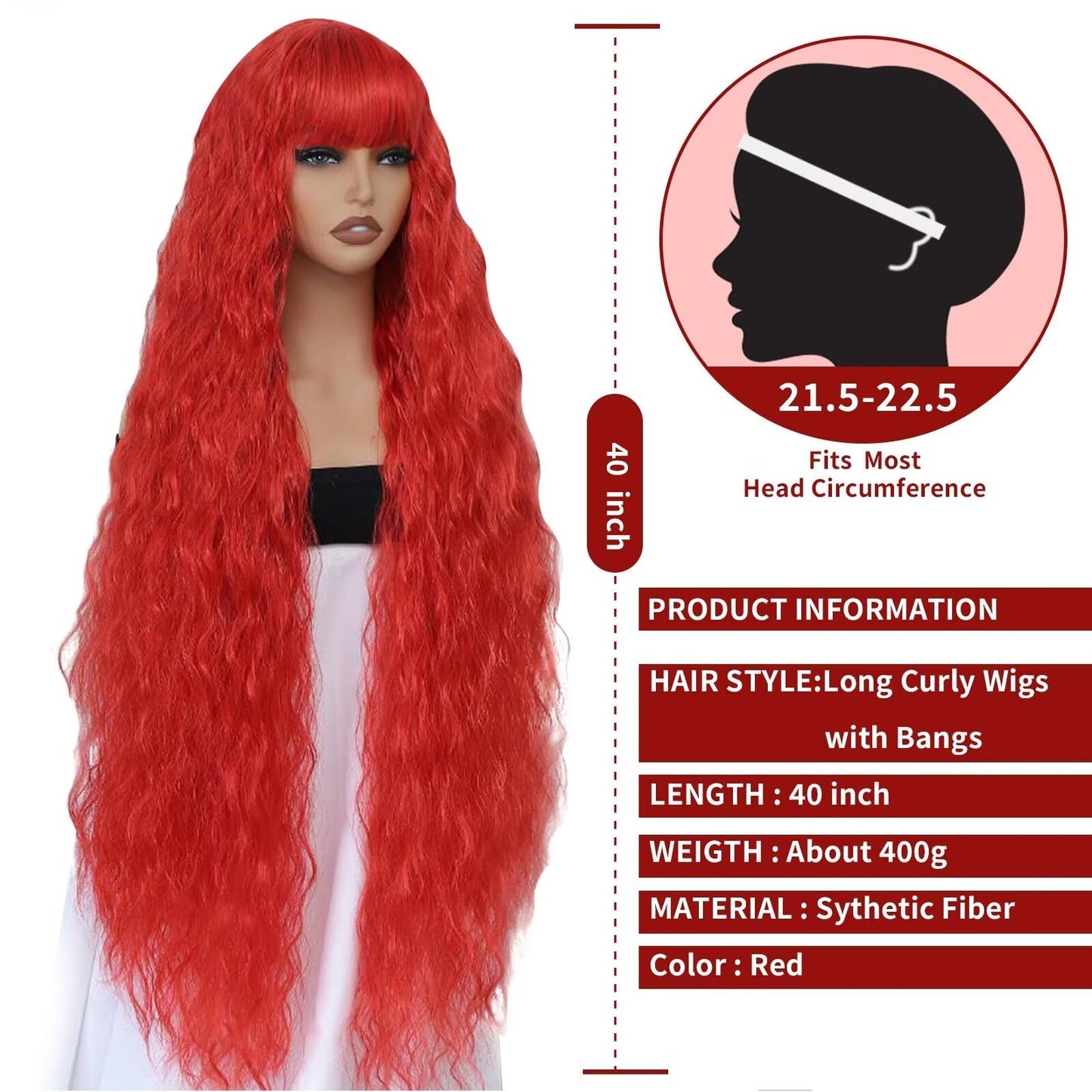 Aliesencia 40 Inch Long Curly Synthetic Wig with Bangs Long Wavy Wig for Women Natural Style Wig Bounce Fluffy Wig Red Cosplay Wig for Halloween Heat Resistant Wig for Party Daily Use(Red)