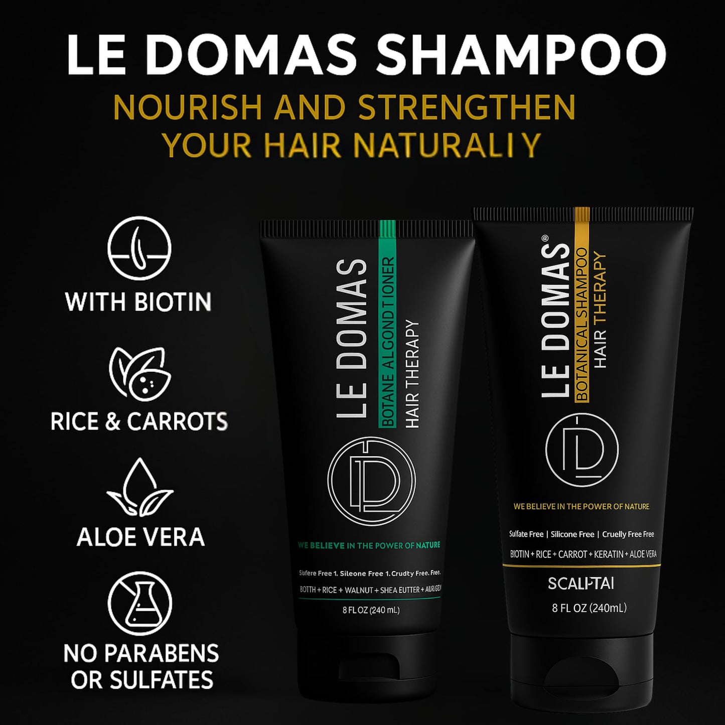 LE DOMAS Botanical Shampoo and Conditioner Set – Sulfate Free Natural Therapy with Biotin, Aloe Vera & Rice - Moisturizing Hair Growth & Repair Formula for Dry, Curly & Color Treated Hair, 8oz Each