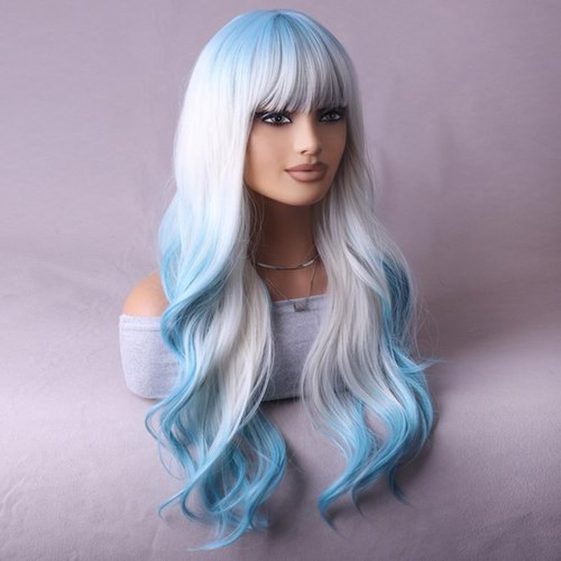 RightOn Blue Ombre Wig Long Wavy Wig Ombre Blue Wig with Bangs Blue Wigs with Wig Cap