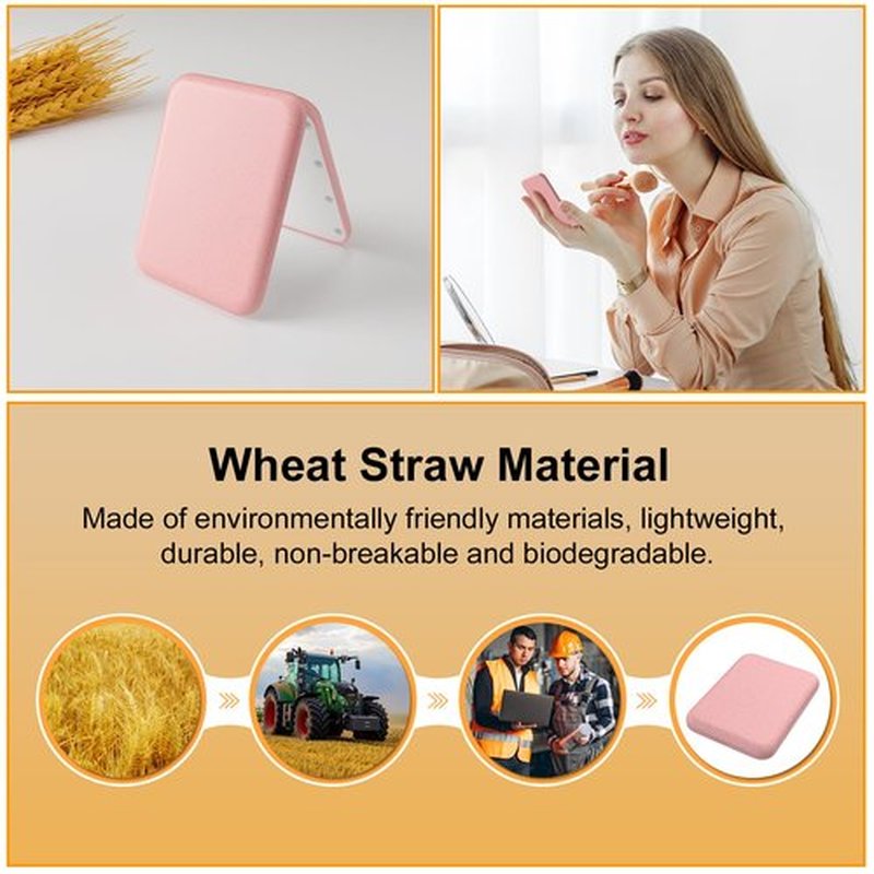 Kintion Wheat Straw Mirror, 1X/3X Magnification Pocket Mirror, Lighted Plastic Fiber Mirror, Folding Purse Mirror, Handheld Travel Mirror, Small Lighted Compact Mirror for Gift, Pink