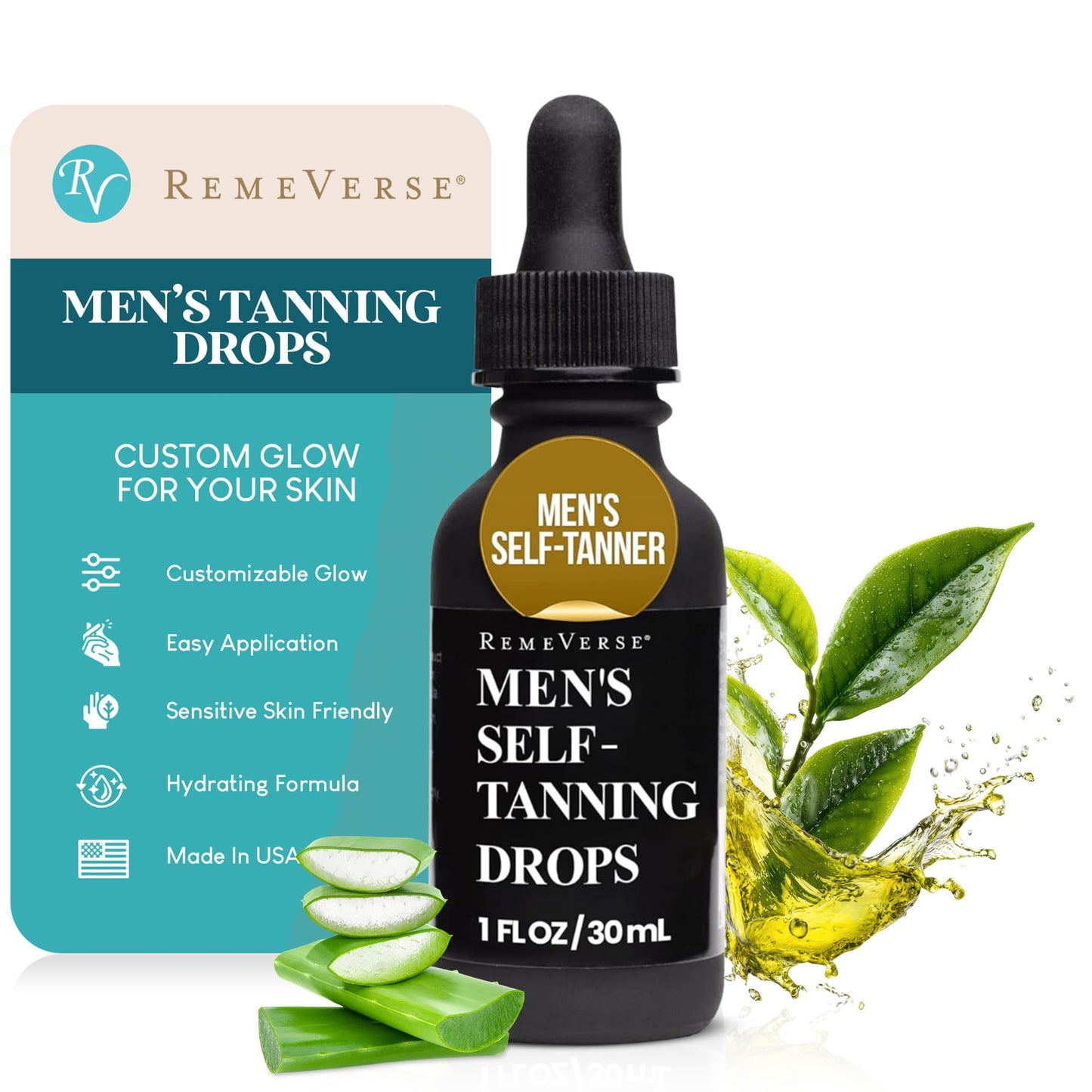 RemeVerse Men’s Self-Tanning Drops - Achieve Natural-Looking Even Skin Tone with Customizable Sunless Tanner for Men - Post-Shave Skin Protection - Ideal for All Skin Types and Tones - 1 oz