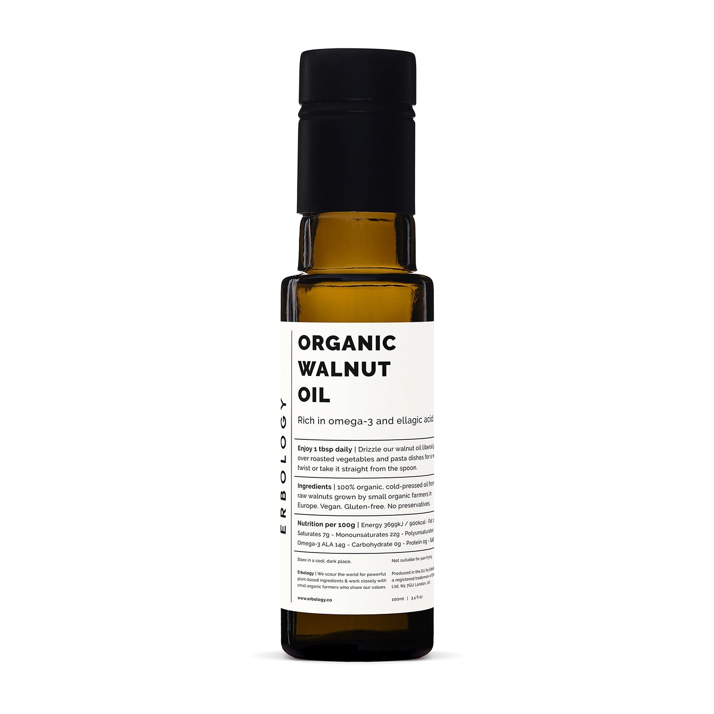 Erbology Organic Walnut Oil 3.4 fl oz - Cold-Pressed - Supports Cognitive Health - Straight from Farm - Non GMO - No Additives or Preservatives - Recyclable Glass Bottle