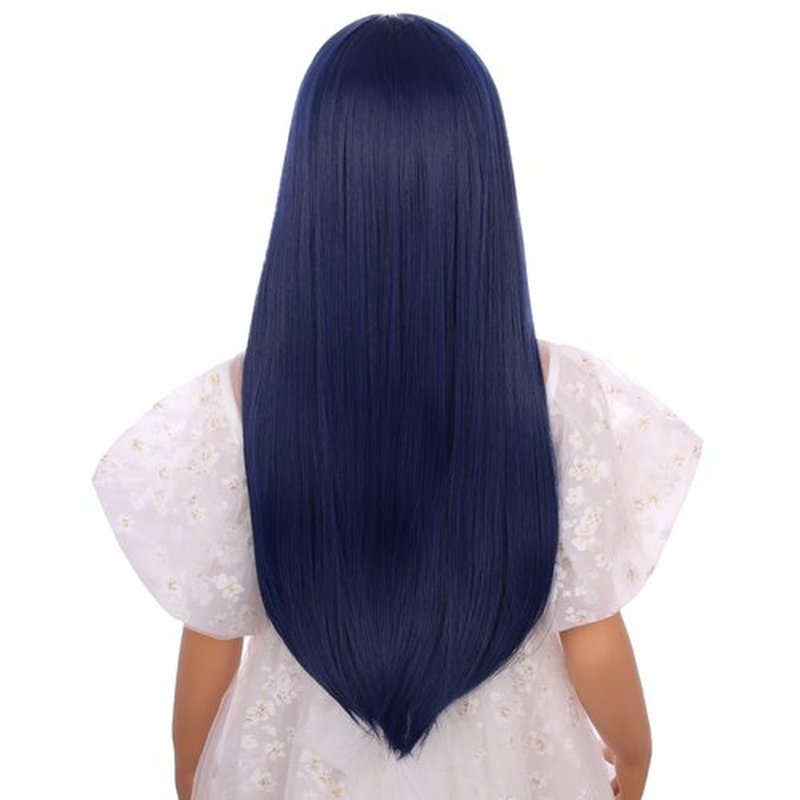Edivd Dark Blue Wig for Kids Long Navy Blue Wig with Air Bangs for Girls Child Long Blue Straight Wig Heat Resistant Synthetic Wig with Wig Cap