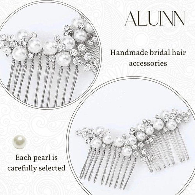 ALUINN Gold Bridal Hair Comb For Wedding Hair Accessories, Crystals Bridal Hair Comb Piece, Pearls Hair Piece for Brides, Women (Silver)