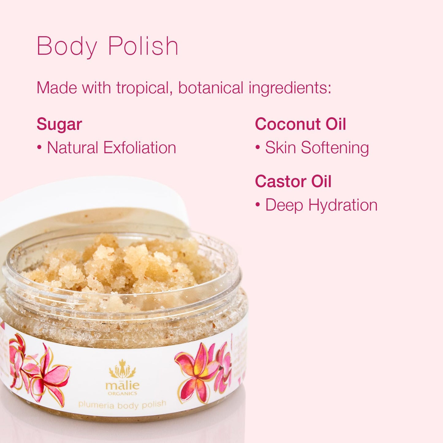 Mālie Organics Body Polish, Plumeria Scent, Sugar Scrub Exfoliator, Vegan, 8 oz