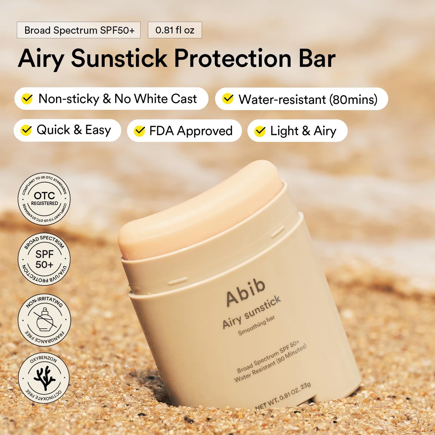Abib Airy Sunstick Protection Bar DUO SPF50+ Broad Spectrum, Semi-Matte Sunscreen Stick for Oily & Combination Skin, No White Cast, Water-Resistant, Korean Sunscreen, 0.81 oz / 23 g, 2 Count