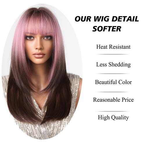 testar Ombre Pink Black Wigs For Black Women Long Pink Black Straight Wigs with Bangs Cosplay Colorful Wigs Synthetic Layered Hair Wigs For Daily Party/Halloween Use 24 Inch