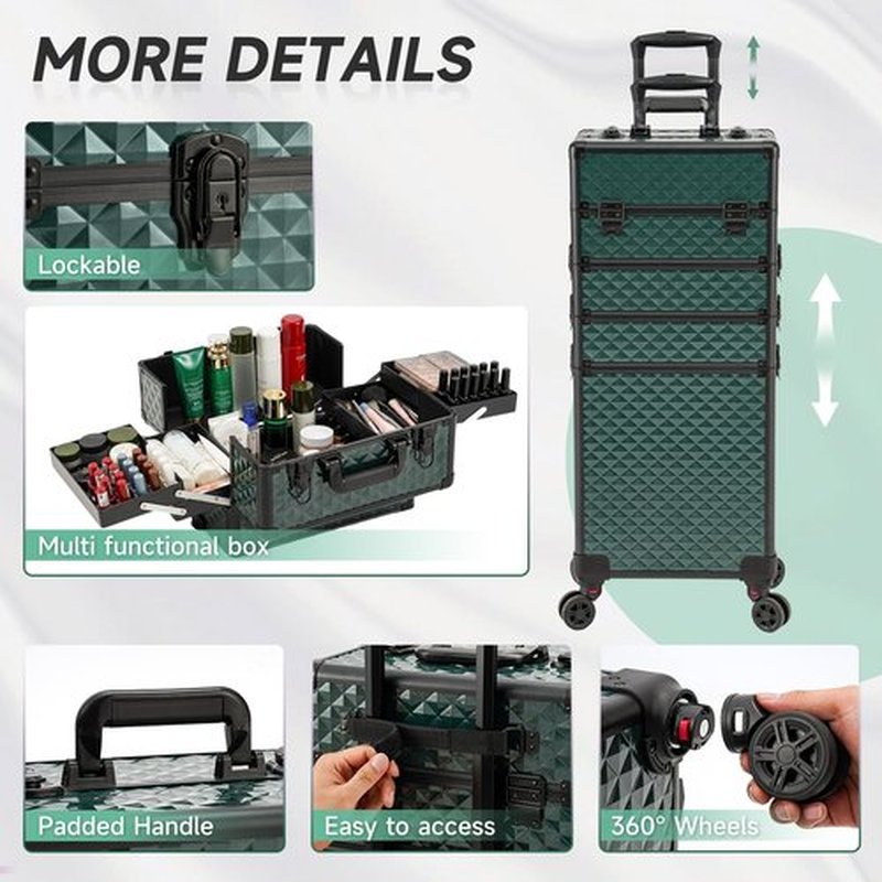 Leeora&Leekoo Portable Multi-Storey Nail Case for Nail Tech Organizer - Wheels Makeup Case Organizer, Cosmetic Case, Makeup Train Case, Make Up Case (Dark Green)
