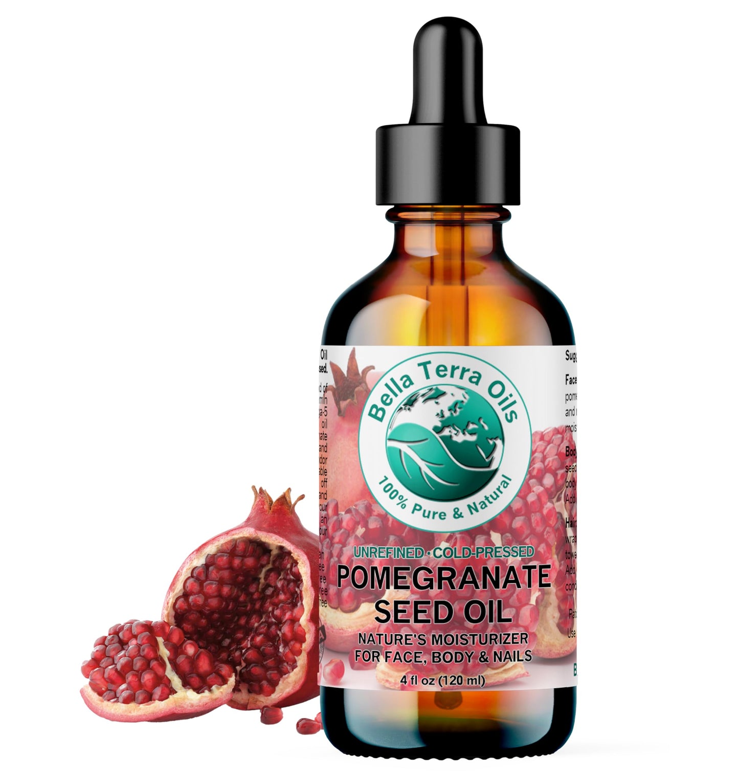 Bella Terra Oils - Organic Pomegranate Seed Oil 4 oz - A Powerhouse of Nutrients & Essential Fatty Acids, Delightfully Cold-Pressed for Pure Skin Nourishment