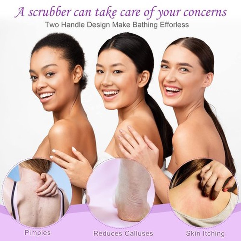 Moukeren Exfoliating Back Scrubber with Handles 4 Packs Nylon Back Exfoliator Extended Length Back Washers Scrubbers Stretchable Pull Strap(Pink, Blue, Fluorescent Green, Purple)